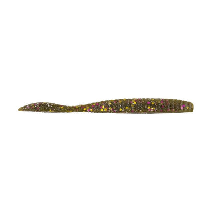 A close-up image of a green, ribbed Berkley Powerbait MaxScent Flat Worm, featuring pink and yellow glitter accents along its length. Designed to resemble a worm with a tapered end and visible texturing, this bait effectively mimics natural prey.