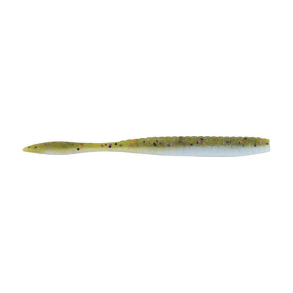 The Berkley Powerbait MaxScent Flat Worm by Berkley is a green and blue soft plastic fishing lure with a worm-like shape, a ribbed texture, and small dark spots along its body, enhanced with Powerbait MaxScent to create an enticing scent field.