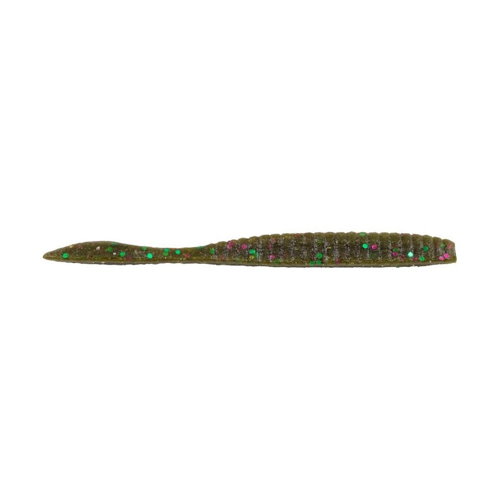 A close-up of a Berkley Powerbait MaxScent Flat Worm, featuring a multi-colored, ridged, soft plastic composition with a tapered tail. This lure is green with embedded pink and green glitter and leverages the irresistible appeal of Berkley's Powerbait MaxScent technology.