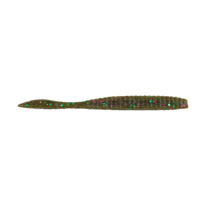 A close-up of a Berkley Powerbait MaxScent Flat Worm, featuring a multi-colored, ridged, soft plastic composition with a tapered tail. This lure is green with embedded pink and green glitter and leverages the irresistible appeal of Berkley's Powerbait MaxScent technology.