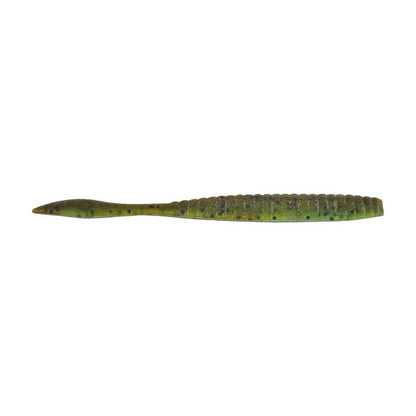 The Berkley Powerbait MaxScent Flat Worm, a green ribbed plastic lure featuring a pointed tail, emits an attractive scent field in the water, making it perfect for use as a drop shot bait.