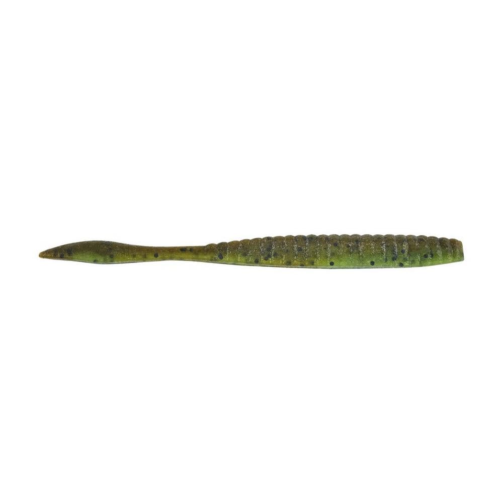 Introducing the Berkley Powerbait MaxScent Flat Worm by Berkley—a green artificial fishing lure designed to resemble a worm, complete with a segmented body and pointed tail. This lure is ideal for finesse presentations and perfect as a drop shot bait for anglers seeking precision.