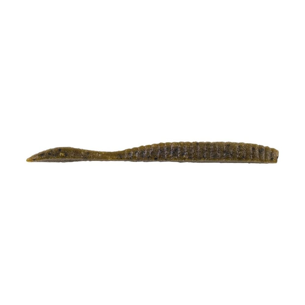 Set against a white background, the Berkley Powerbait MaxScent Flat Worm, featuring brown and green ridges and made from soft plastic, resembles a worm with a tapered tail. Ideal for drop shot fishing, this lure from Berkley boosts attraction with its enticing scent field.