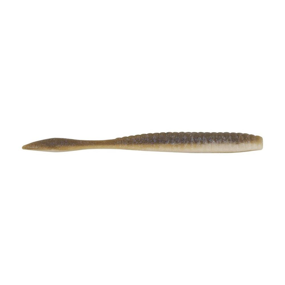 The Berkley Powerbait MaxScent Flat Worm by Berkley is a soft plastic lure in natural brown, featuring a tapered, ribbed body and slender, pointed tail. Specifically crafted for drop shot fishing, it effectively mimics a small fish while its MaxScent technology emits an irresistible scent field to attract larger predatory fish.