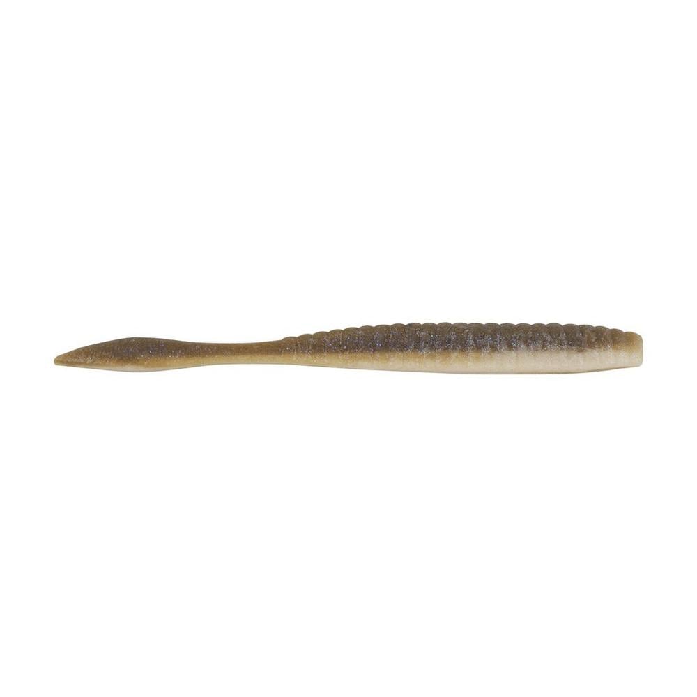 The Berkley Powerbait MaxScent Flat Worm, a brown and white soft plastic fishing lure, features a slender body with textured ridges that are enhanced by PowerBait MaxScent for superior fish attraction.