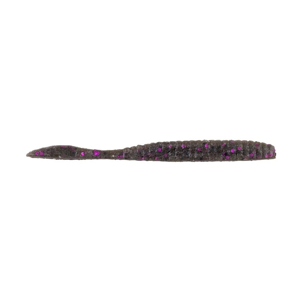 A close-up image of a Berkley Powerbait MaxScent Flat Worm fishing lure. This drop shot bait, crafted by Berkley, features a worm-like shape with a textured gray body adorned with small purple specks, designed to enhance its scent field and attract more catches.