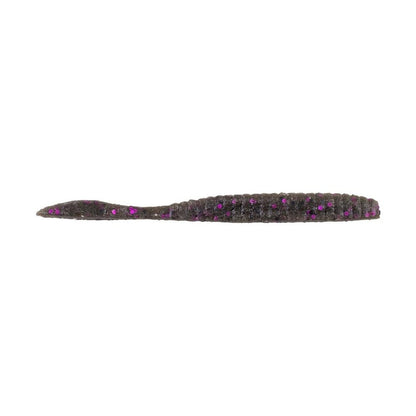 A close-up image of a Berkley Powerbait MaxScent Flat Worm fishing lure. This drop shot bait, crafted by Berkley, features a worm-like shape with a textured gray body adorned with small purple specks, designed to enhance its scent field and attract more catches.