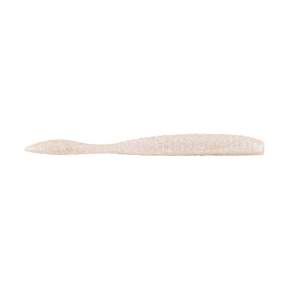 A close-up of a soft white fishing lure, reminiscent of the Berkley Powerbait MaxScent Flat Worm, shaped like a worm with a ribbed texture. This enticing design intensifies the scent field and tapers to a slightly pointed end.