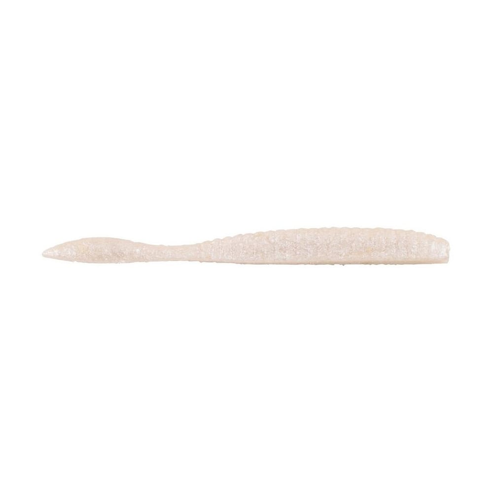 The Berkley Powerbait MaxScent Flat Worm by Berkley is a white soft plastic fishing lure featuring a ribbed body and tapered tail, specifically designed for finesse presentations to mimic a small baitfish.