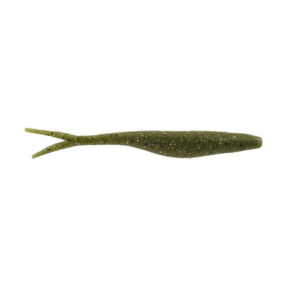 The Berkley Powerbait MaxScent Flatnose Jerk Shad is a green, soft plastic fishing lure with a slender body and two tail appendages. It contains tiny shimmering particles and resembles a small fish, making it ideal for finesse presentations or a drop shot rig.