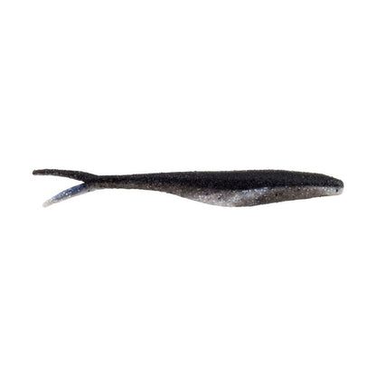 The Berkley Powerbait MaxScent Flatnose Jerk Shad is a black and gray soft plastic fishing lure with a tapered body and split tail fin, perfect for finesse presentations like drop shot rigs. Displayed on a white background, the MaxScent enhances its realistic fish-like appearance.