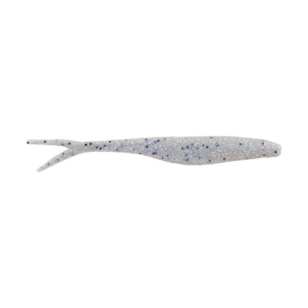 The Berkley Powerbait MaxScent Flatnose Jerk Shad by Berkley is a realistic soft plastic fishing lure, perfect for finesse presentations. It mimics a small fish with its forked tail and translucent color accented with black and silver speckles, ideal for drop shot rigs targeting subtle strikes.