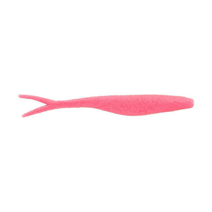 The Berkley Powerbait MaxScent Flatnose Jerk Shad from Berkley is a pink plastic lure featuring a slender, tapered body and two forked tails, perfect for finesse presentations.