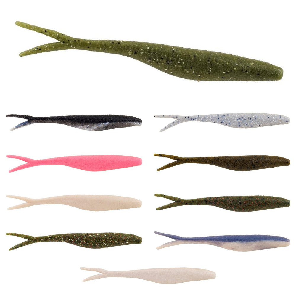 Image of ten Berkley Powerbait MaxScent Flatnose Jerk Shad lures by Berkley, designed for finesse presentations. Available in green, black, gray, white, pink, and blue with streamlined bodies and forked tails. Ideal for drop shot rigs; some feature speckles or patterns for added allure.