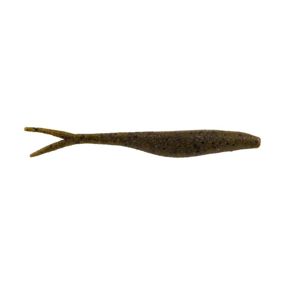 The Berkley PowerBait MaxScent Flatnose Jerk Shad is a dark green, elongated lure with a slender, tapered body and forked tail. Its textured, speckled surface mimics baitfish, ideal for finesse presentations with a drop shot rig.