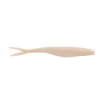 The Berkley Powerbait MaxScent Flatnose Jerk Shad is a beige, soft plastic minnow-shaped lure with a slender body and forked tail, ideal for finesse presentations. Perfect for drop shot rigs, it mimics live bait and works with MaxScent for enhanced attraction.