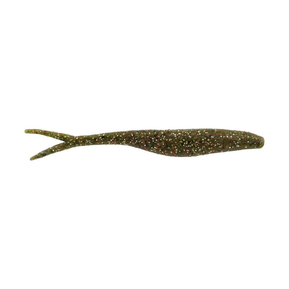 The Berkley Powerbait MaxScent Flatnose Jerk Shad by Berkley is a soft plastic lure shaped like a slender fish with dark green color, red and white speckles, a forked tail, and smooth texture. Ideal for finesse presentations, it mimics baitfish and pairs perfectly with a drop shot rig.