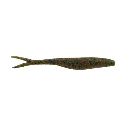 The Berkley Powerbait MaxScent Flatnose Jerk Shad by Berkley is a green, soft plastic fishing lure featuring a slender, tapered body and two thin tails. Covered in brown speckles for added realism, it's perfect for finesse presentations and ideal for use in drop shot rigs.