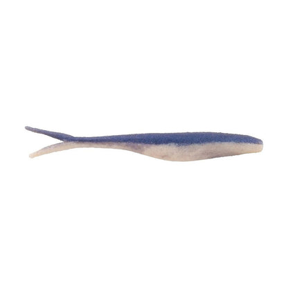 The Berkley Powerbait MaxScent Flatnose Jerk Shad is a blue and white soft plastic lure with a streamlined body and split tail, offering life-like action designed by Berkley for finesse presentations to mimic a small baitfish.