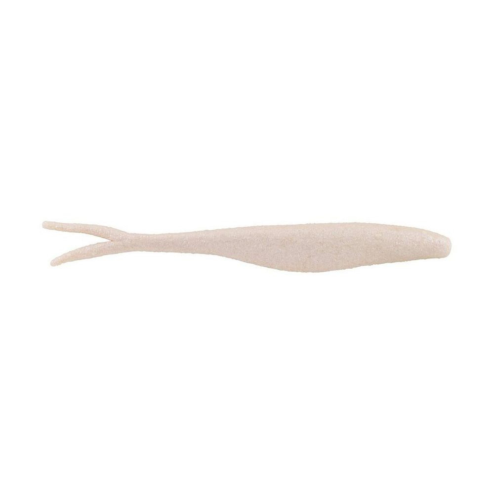 The Berkley Powerbait MaxScent Flatnose Jerk Shad by Berkley is a white, soft plastic lure designed for finesse presentations. Shaped like a small fish with a slender body and forked tail, it pairs perfectly with drop shot rigs to attract your next big catch.