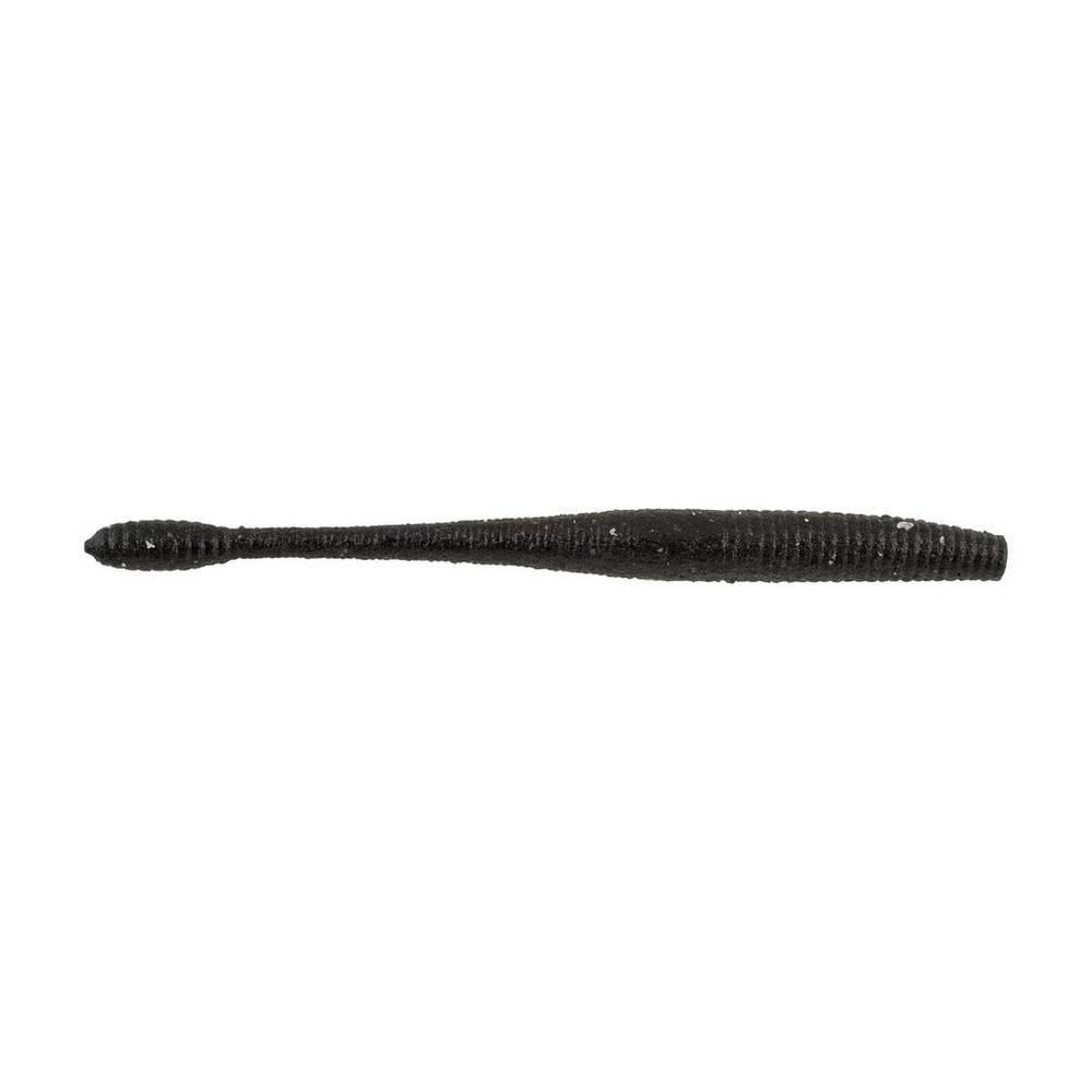 The Berkley PowerBait MaxScent Hit Worm is a black, elongated, ribbed soft plastic lure with a tapered end, resembling a worm or stick bait. Ideal for versatile bait techniques like finesse presentations and set against a plain white background.