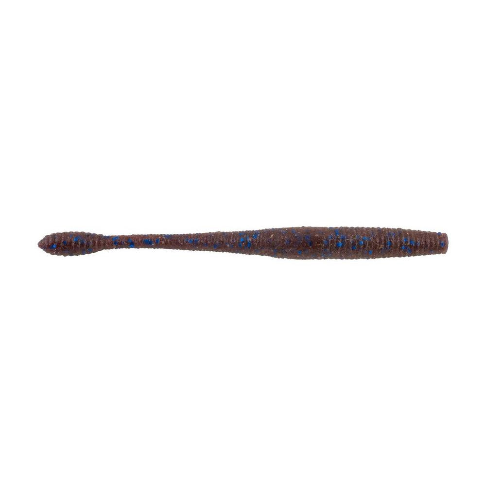 The Berkley Powerbait MaxScent Hit Worm is a textured, narrow brown cylinder with blue specks. Its tapered ends make it ideal for finesse presentations, mimicking versatile bait effectiveness.