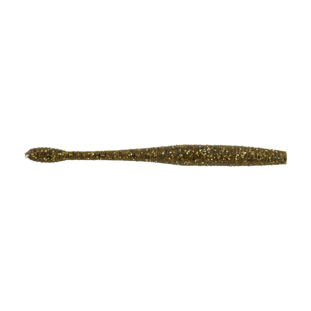 The Berkley Powerbait MaxScent Hit Worm by Berkley is a slender, elongated lure featuring a shimmering speckled brown and gold texture. It resembles a small baitfish, ideal for finesse presentations with its tapered end and slightly bulbous head to effortlessly attract fish.