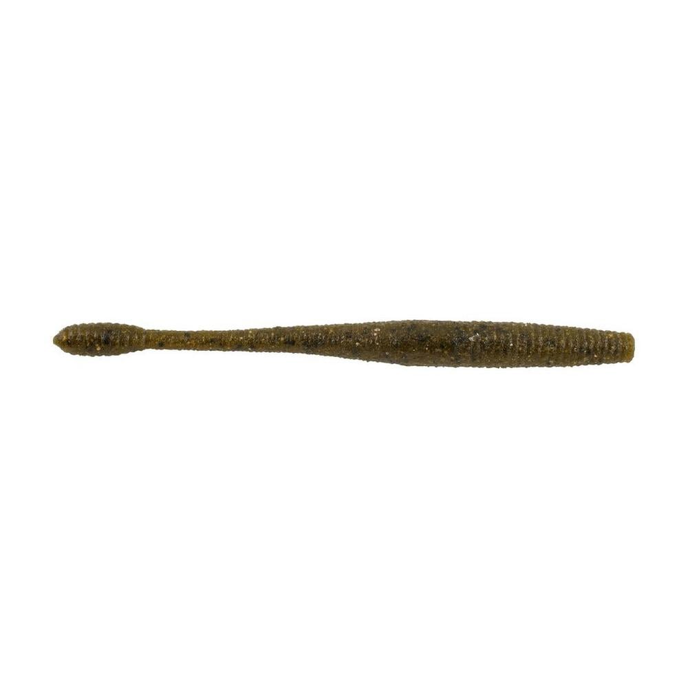 The Berkley Powerbait MaxScent Hit Worm by Berkley is a green, ribbed, cylindrical fishing lure ideal for finesse presentations. It has a tapering body with a slightly bulbous end resembling a worm, offering versatile bait options similar to PowerBait MaxScent.