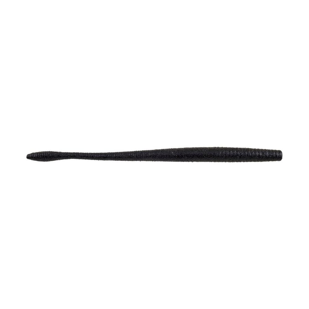 The Berkley Powerbait MaxScent Hit Worm Magnum is presented on a white background, featuring an ultra-realistic, textured black surface. The elongated cylindrical design slightly tapers at one end, perfect for finesse presentations.