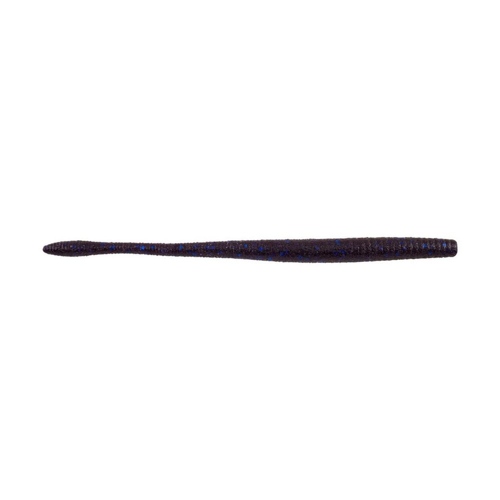 The Berkley Powerbait MaxScent Hit Worm Magnum by Berkley is a purple and black plastic lure with a realistic texture, perfect for finesse presentations. Its tapered body with ridges and a slightly thicker end convincingly imitates real worms, ideal against a white background.