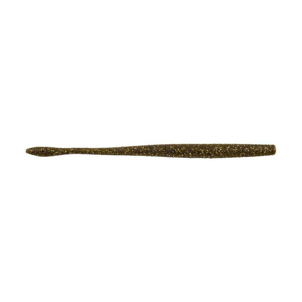 The Berkley Powerbait MaxScent Hit Worm Magnum by Berkley is a long, slender dark green fishing lure with an ultra-realistic texture, small shiny gold specks, and tapered ends, perfect for finesse presentations.