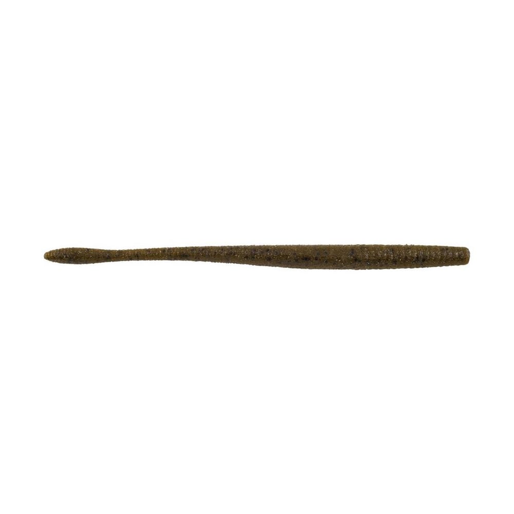 A single, brown, slender Berkley Powerbait MaxScent Hit Worm Magnum, resembling a worm on a plain white background. Tapered at both ends with an ultra-realistic texture by Berkley, it's ideal for finesse presentations.