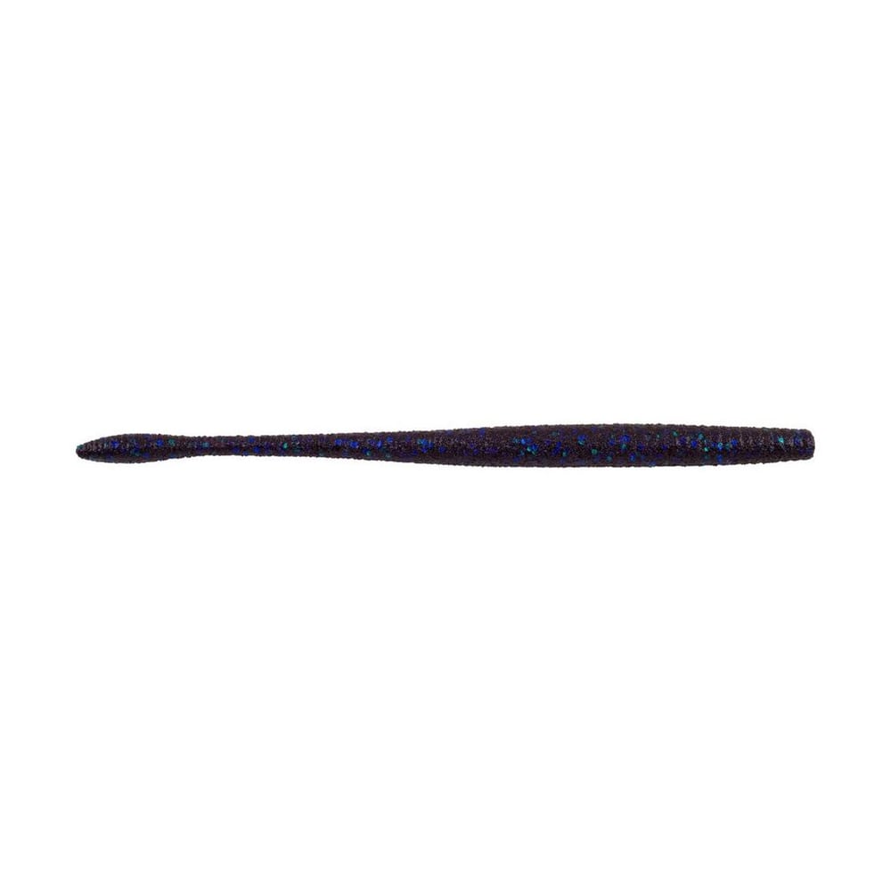 The Berkley Powerbait MaxScent Hit Worm Magnum is a slim, elongated dark-colored soft plastic lure with a tapered design and ultra-realistic speckled texture, ideal for finesse presentations.