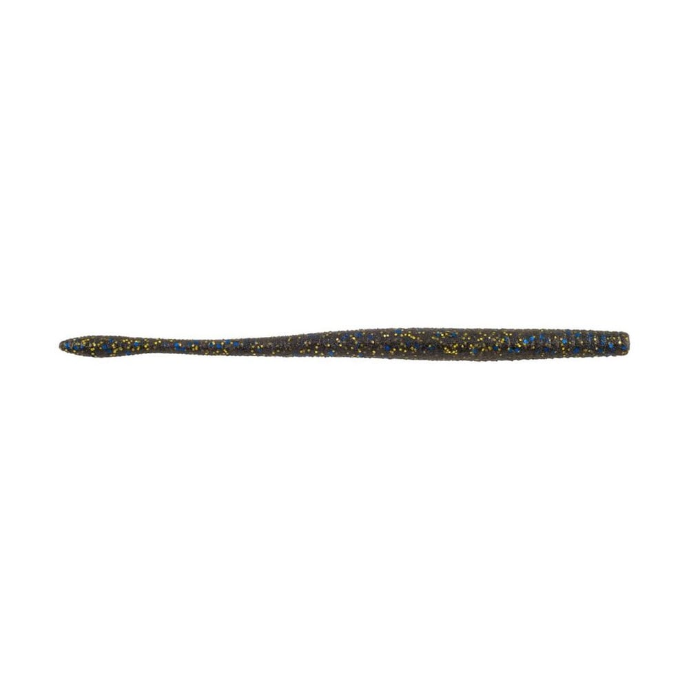 The Berkley Powerbait MaxScent Hit Worm Magnum by Berkley is a long, dark-colored lure with an ultra-realistic texture and subtle glitter. Its tapered body resembles a worm, featuring faint blue and yellow accents along its smooth length, perfect for finesse presentations.