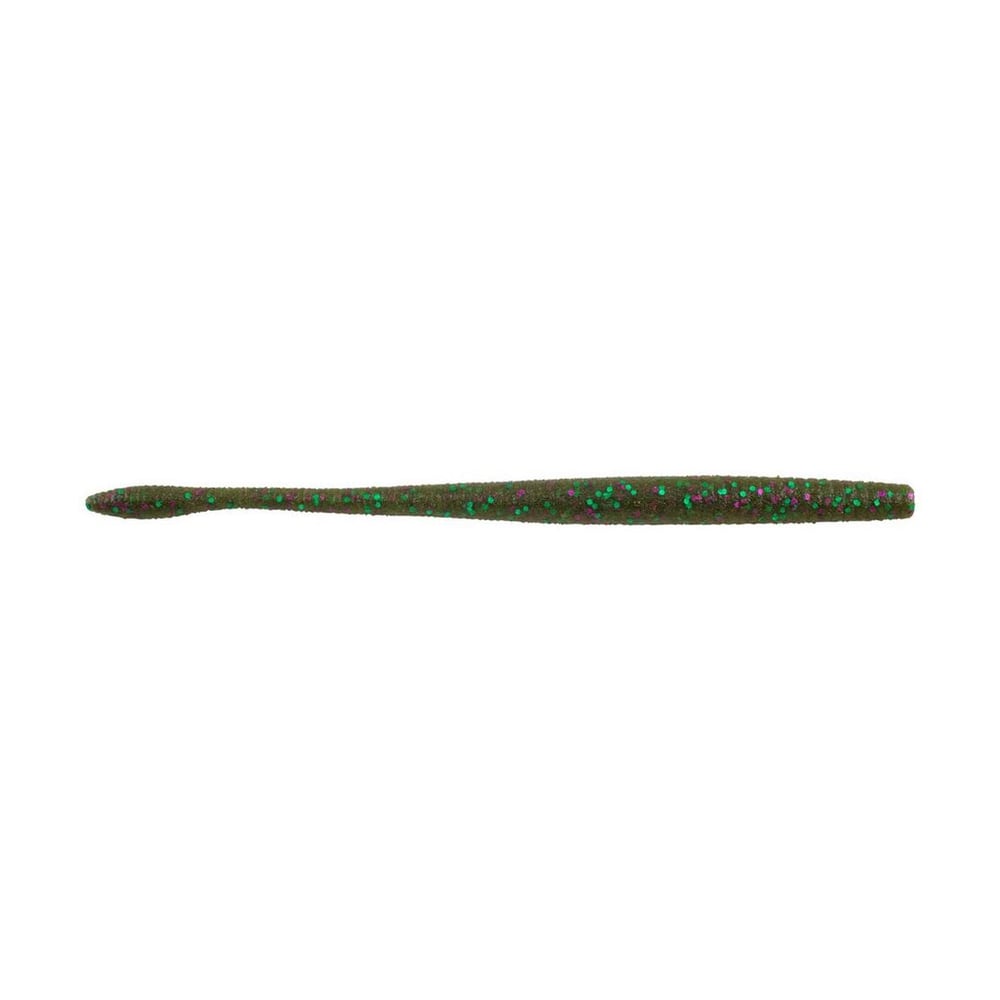 Introducing the Berkley PowerBait MaxScent Hit Worm Magnum, a long, slender fishing lure featuring a green body with red and green glitter. Its ultra-realistic texture tapers at both ends, mimicking a worm and making it ideal for finesse presentations in any angler's tackle box.