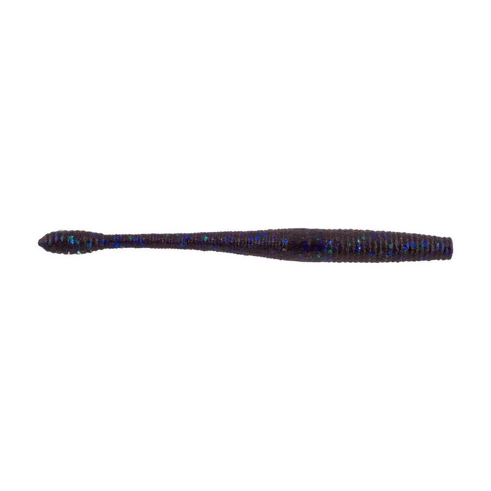 The Berkley Powerbait MaxScent Hit Worm, a dark elongated soft plastic lure from Berkley, features a ribbed texture, tapered ends, and subtle blue specks. It's perfect for finesse presentations and entices fish with its lifelike action and irresistible appearance.