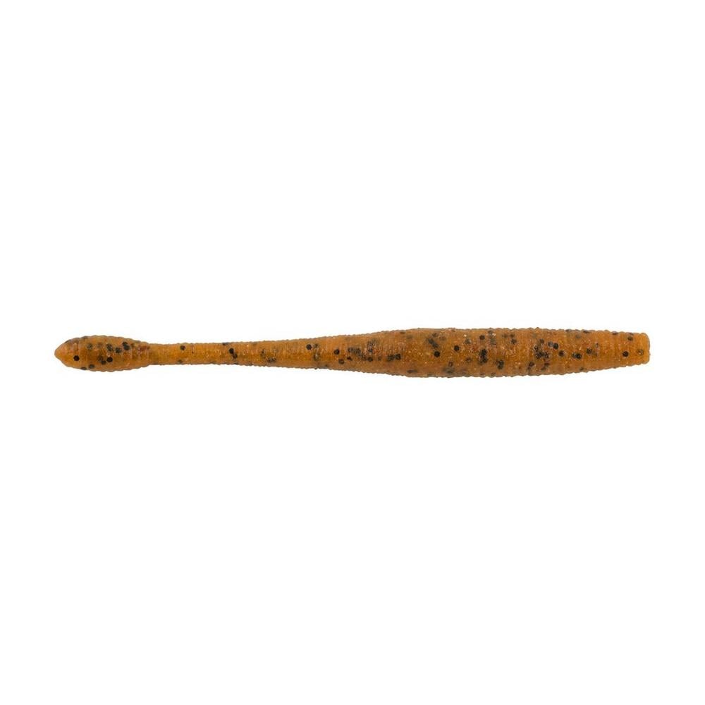 The Berkley Powerbait MaxScent Hit Worm, a brown worm-shaped lure with black speckles, is perfect for finesse presentations. Its versatile design ensures success in various conditions, enhanced by the irresistible scent of PowerBait MaxScent.