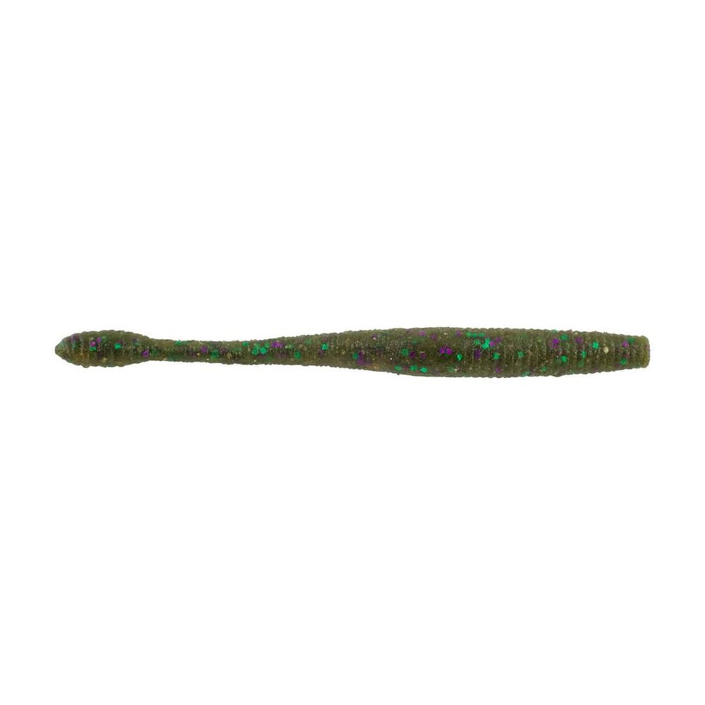 The Berkley PowerBait MaxScent Hit Worm is a green, elongated soft plastic lure with a ribbed texture, speckled with purple and black dots. It tapers to a point at one end, thickens at the other, making it perfect for finesse presentations.