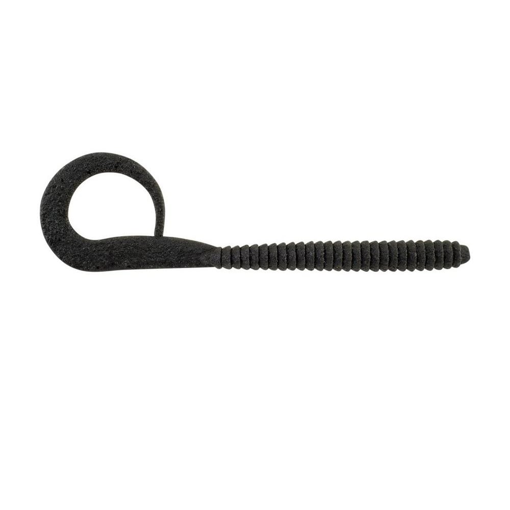 The Berkley Powerbait MaxScent Kingtail Worm is a black, textured soft bait lure featuring a ribbed body and distinctive curled tail, perfect for enticing fish.