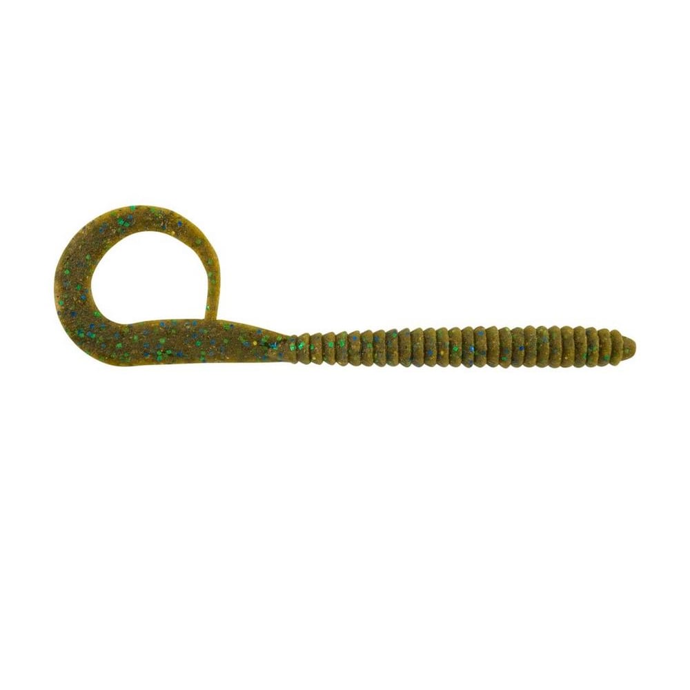 The Berkley Powerbait MaxScent Kingtail Worm from Berkley is a brown and green artificial lure with a ribbed body and curled tail, enhanced by shimmering blue specks for irresistible appeal.