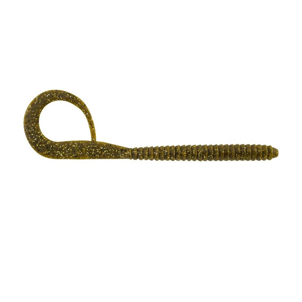 The Berkley Powerbait MaxScent Kingtail Worm by Berkley is a glittery, ribbed, green rubber fishing bait with a long, looped tail designed to attract your next big catch.