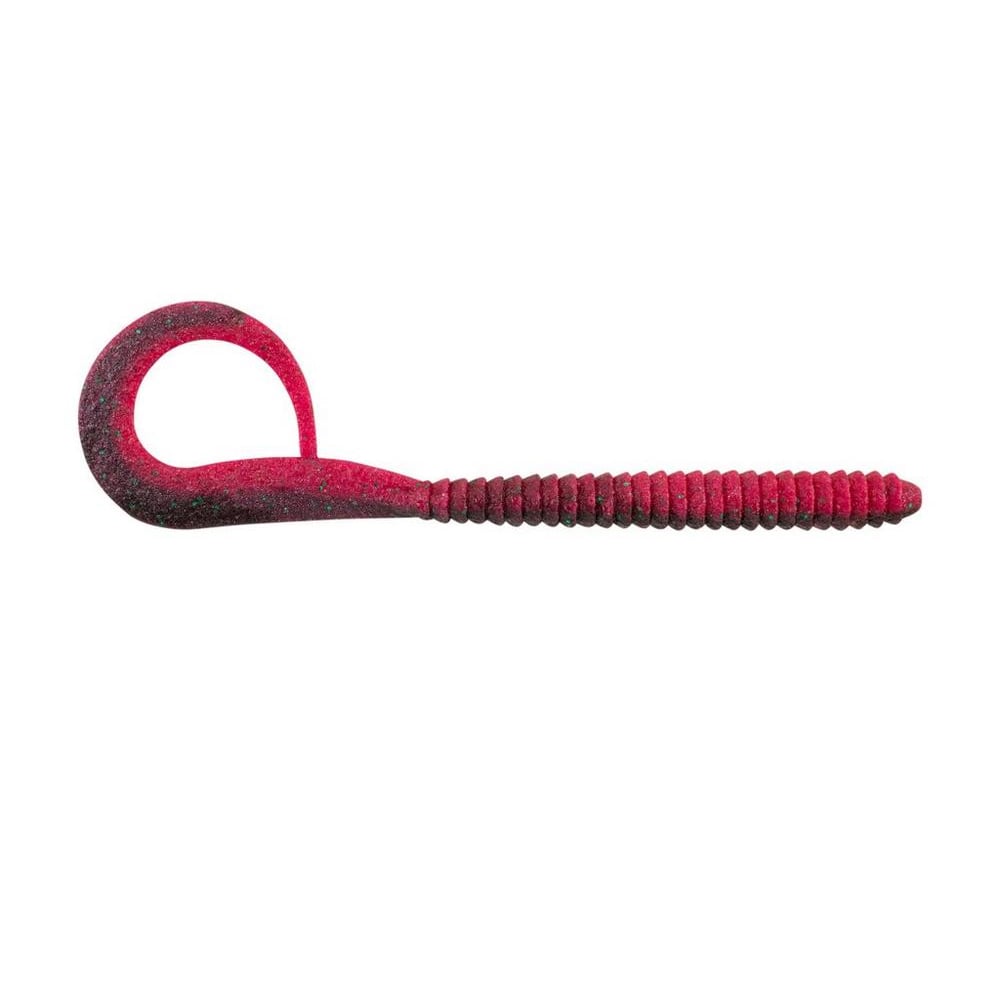 The Berkley PowerBait MaxScent Kingtail Worm, by Berkley, is a red and black rubber lure with a long ribbed tail and looped end. Its textured finish mimics natural bait, enhancing attraction for your next big catch.