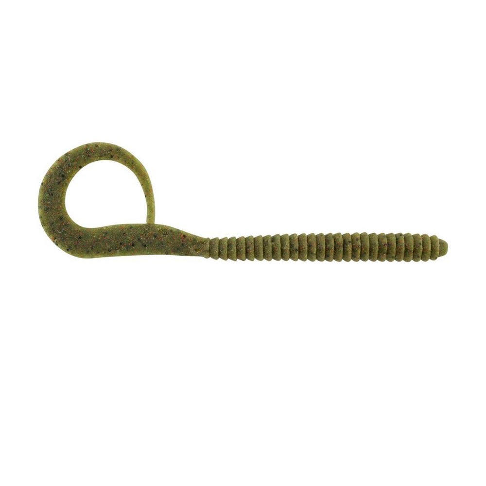 The Berkley PowerBait MaxScent Kingtail Worm is a green, ribbed, soft plastic fishing lure with an elongated body and circular tail, crafted by Berkley from MaxScent material to mimic a worm's appearance, making it an irresistible bait for freshwater fishing.