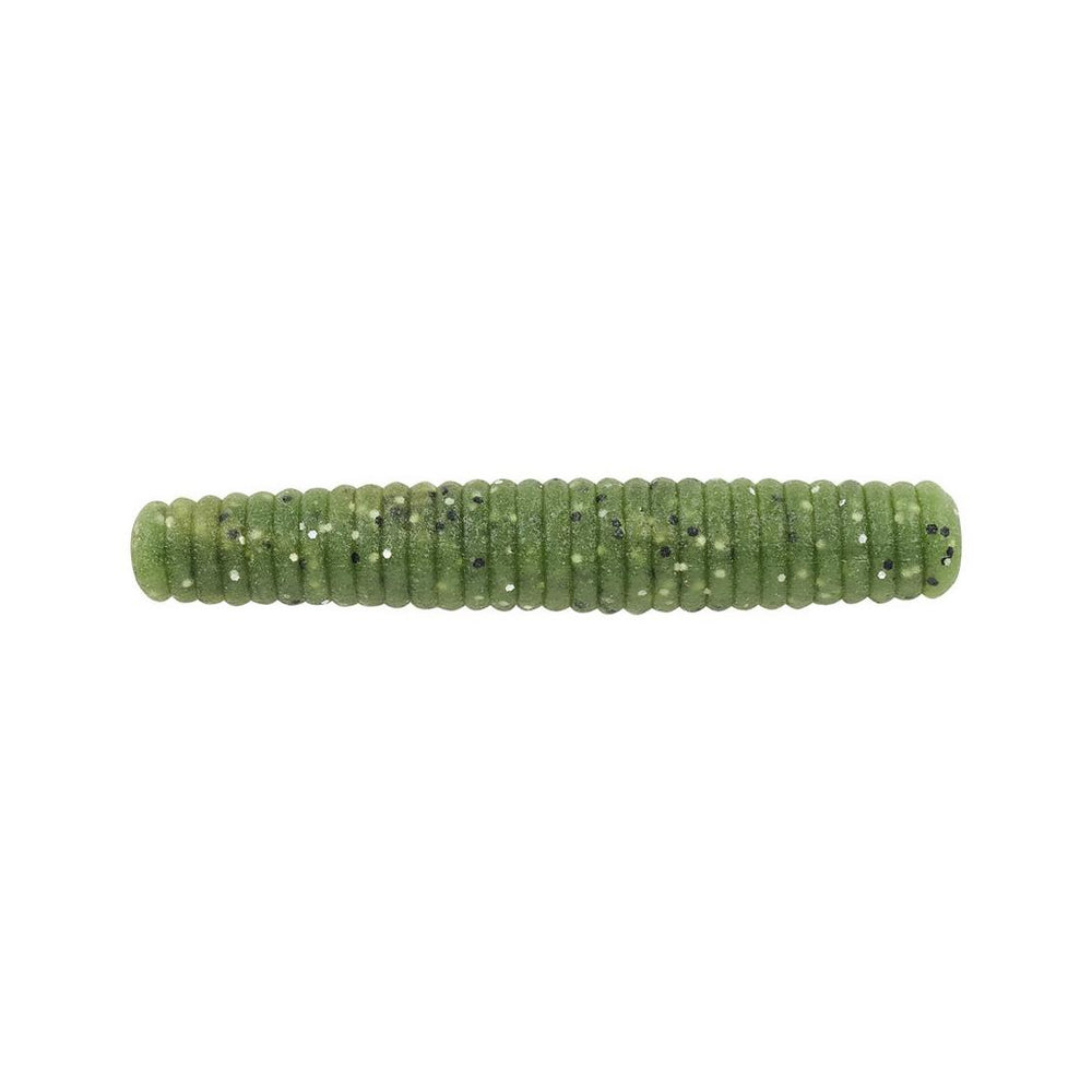 The Berkley Powerbait MaxScent Lil' General by Berkley is a green, ribbed cylindrical soft stick bait speckled with dark spots, lying horizontally on a white background—ideal for finesse presentations.