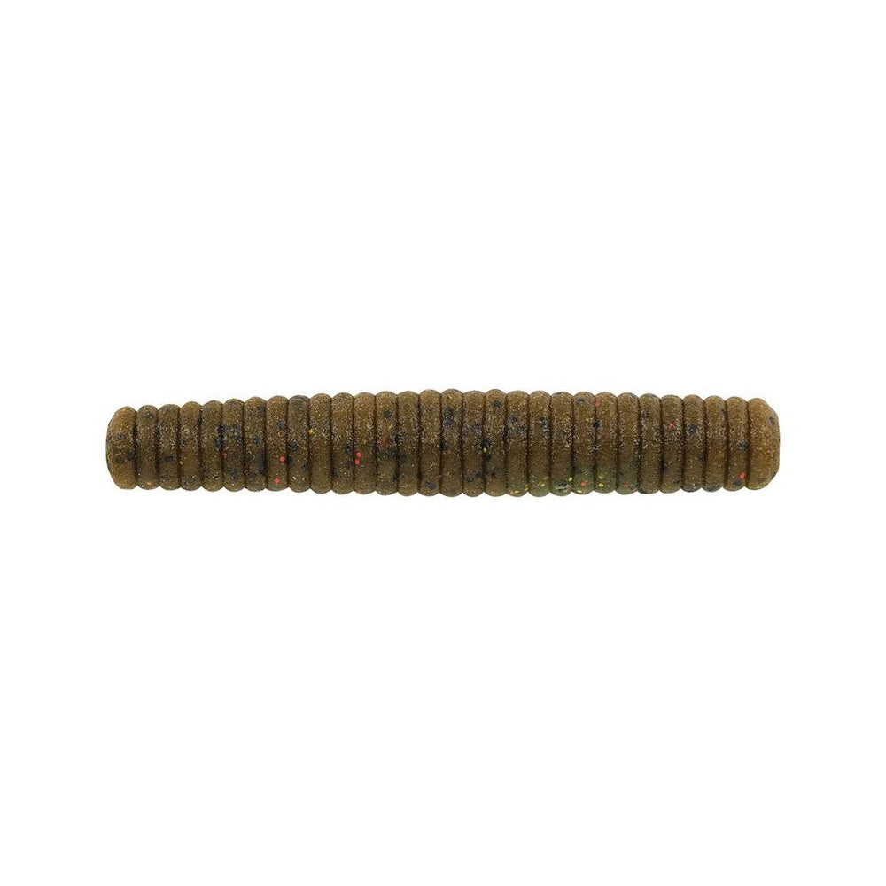 The Berkley Powerbait MaxScent Lil' General by Berkley is a cylindrical, ribbed stick bait with a greenish-brown color and subtle red, blue, and other specks, ideal for finesse presentations. It lies horizontally on a plain white background.