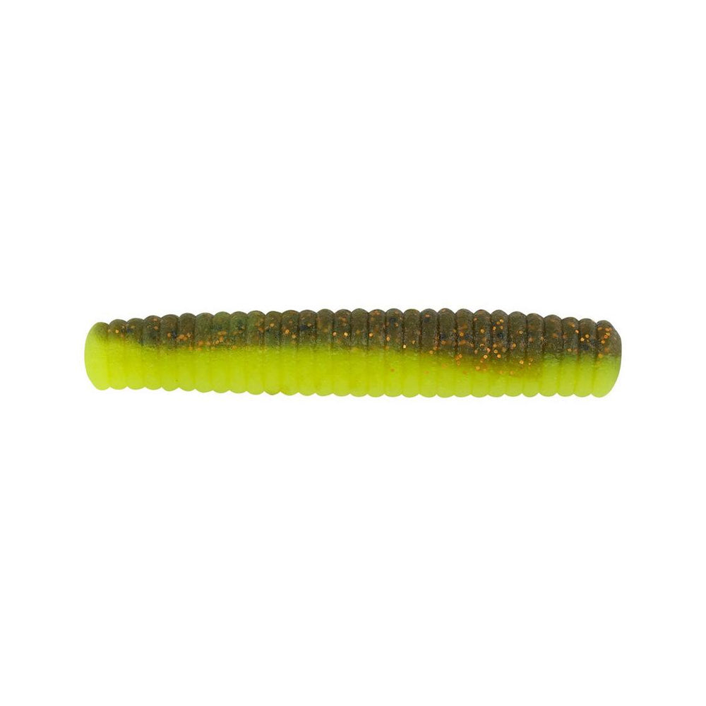 The Berkley Powerbait MaxScent Lil' General by Berkley is a soft plastic fishing lure with a segmented body, featuring a dark green glittery top and bright yellow bottom. Its elongated ribbed texture makes it perfect as a finesse stick bait to attract more catches.