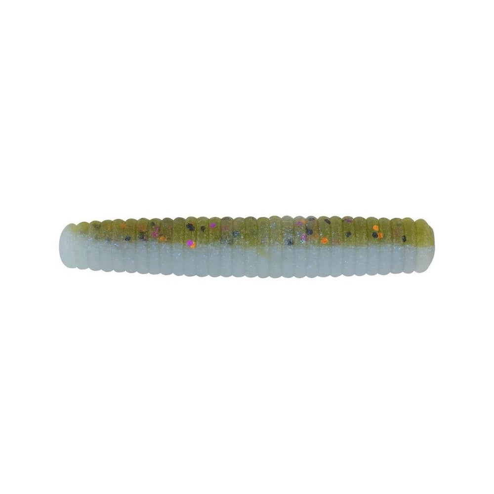 The Berkley PowerBait MaxScent Lil' General is a soft, segmented fishing lure in a gradient olive green and pale white color scheme with multicolored glitter flecks, ideal for finesse presentations and irresistible to fish.