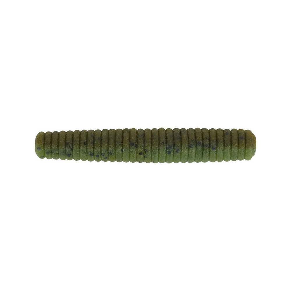 The Berkley Powerbait MaxScent Lil' General is a green, soft plastic cylindrical fishing lure with a ribbed texture, designed by Berkley to resemble a worm, ideal for finesse presentations.