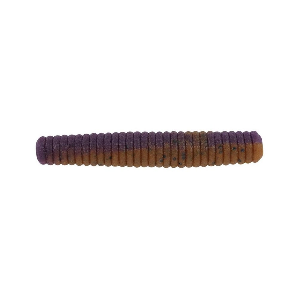 The Berkley Powerbait MaxScent Lil' General, a segmented cylindrical stick bait with brown and purple sections, is perfect for finesse presentations. Its evenly spaced segments enhance its appeal, making it ideal to entice keen anglers against a plain white background.