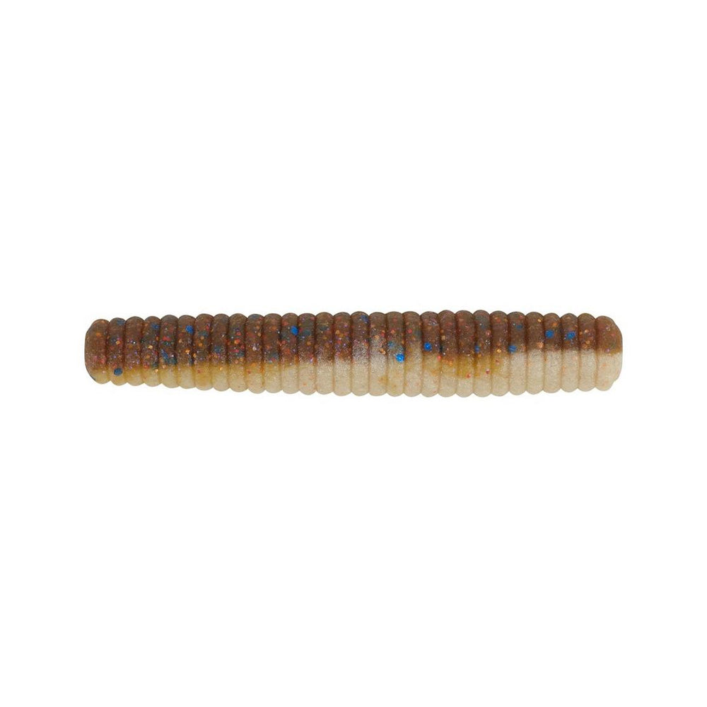 Introducing the Berkley Powerbait MaxScent Lil' General, a ribbed, segmented cylindrical stick bait by Berkley. This lure features a tapered design in light brown and beige with blue specks, perfect for finesse presentations.